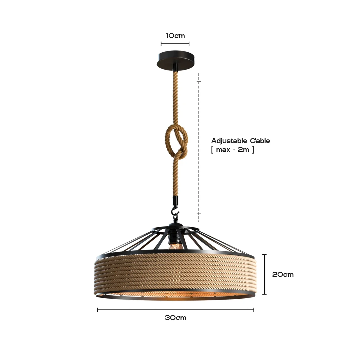 Industrial pendant light with metal cage and hemp rope shade, rustic style, includes free bulb and 200 cm rope cable