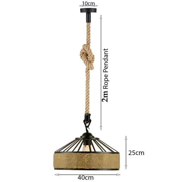 Rustic metal cage ceiling light with hemp rope pendant and exposed bulb, ideal for industrial and retro decor styles