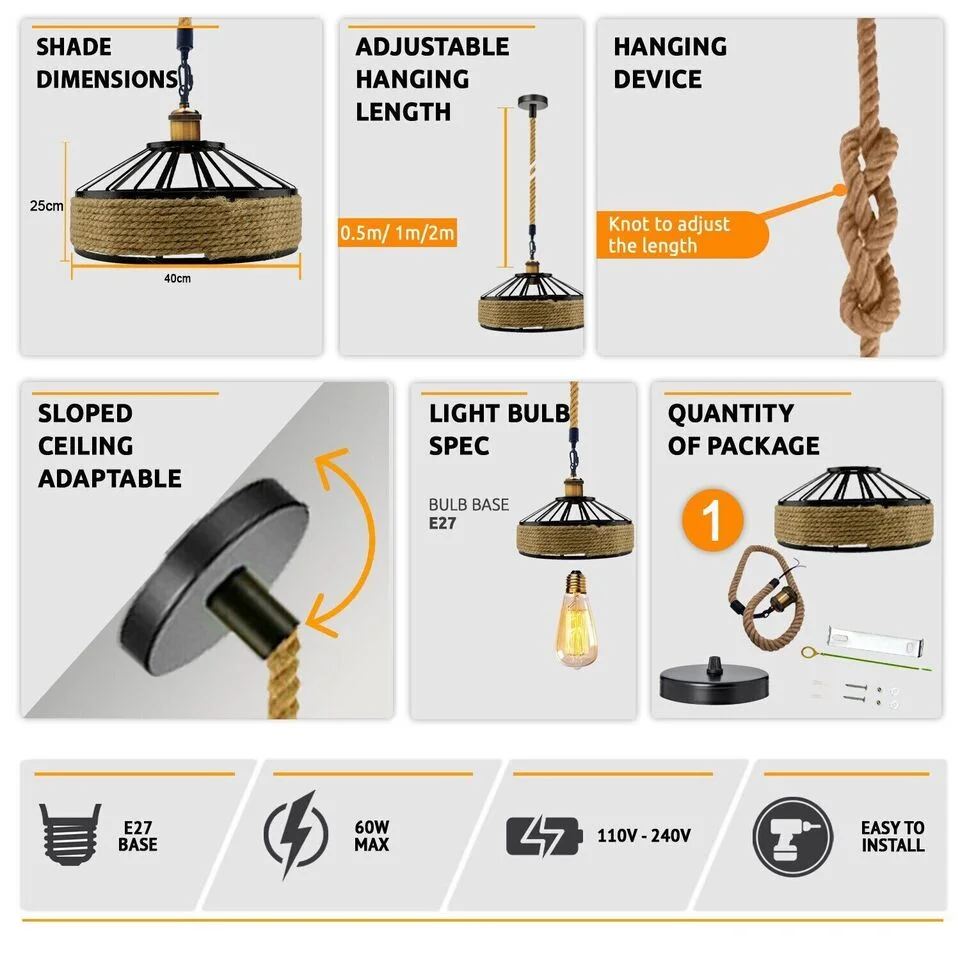 Rustic industrial style E27 socket pendant lamp with hemp rope and metal cage, 40cm shade diameter, black and hemp color