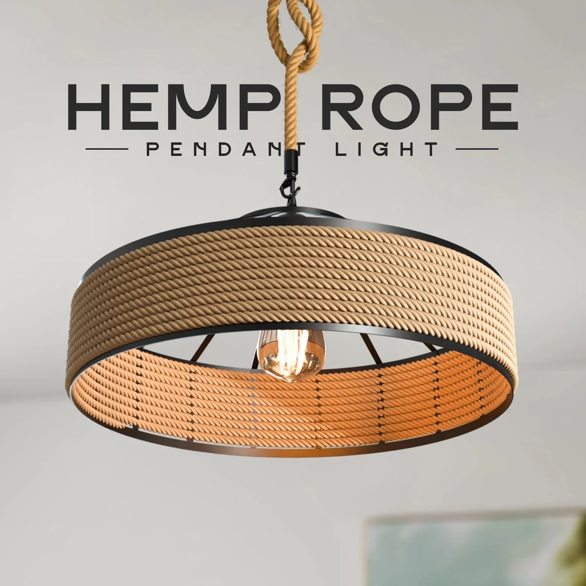 Rustic hemp rope light with black metal cage pendant, 40cm shade, hanging from ceiling with 200cm hemp rope cable