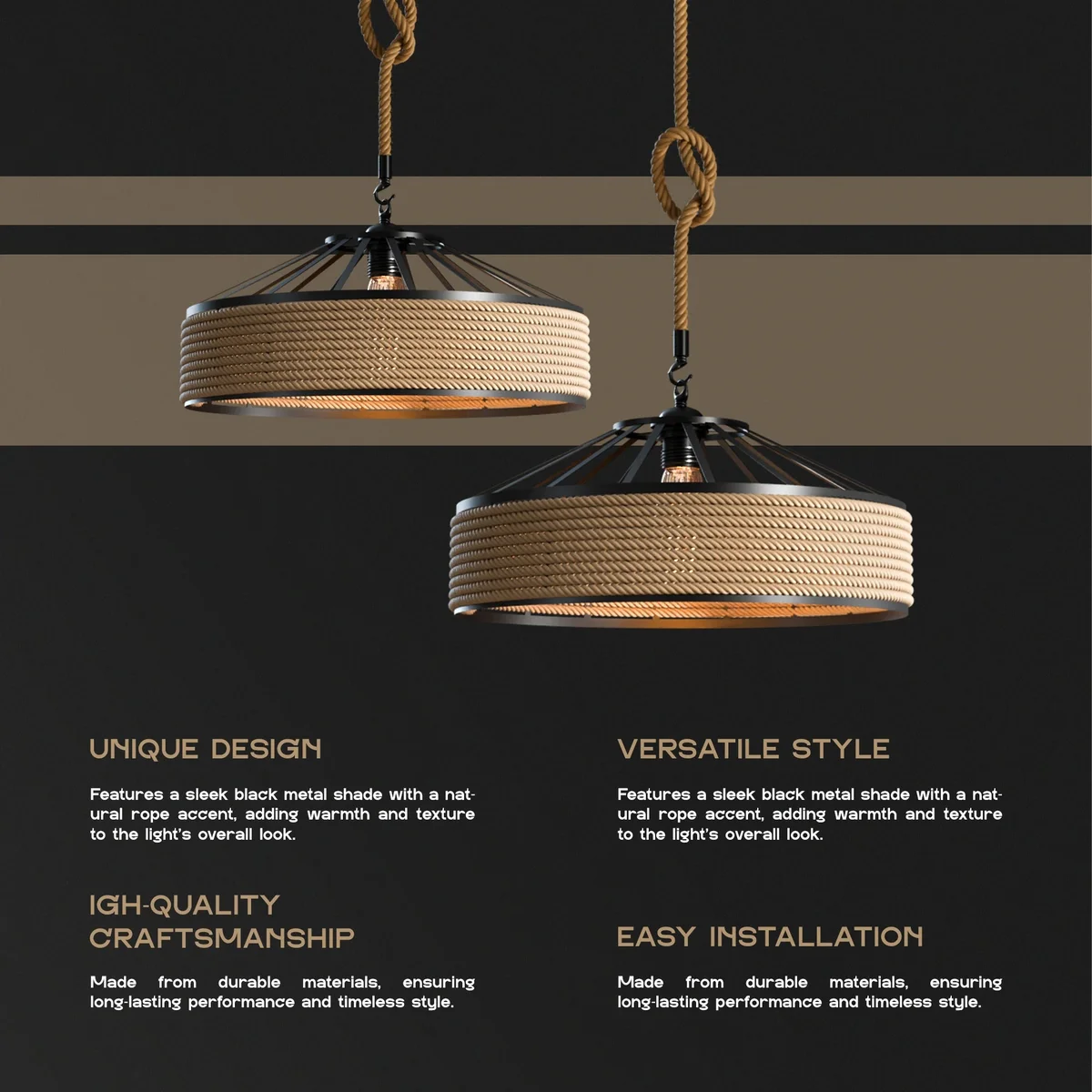 Retro industrial lighting pendant with metal cage and hemp rope, hanging against a neutral background