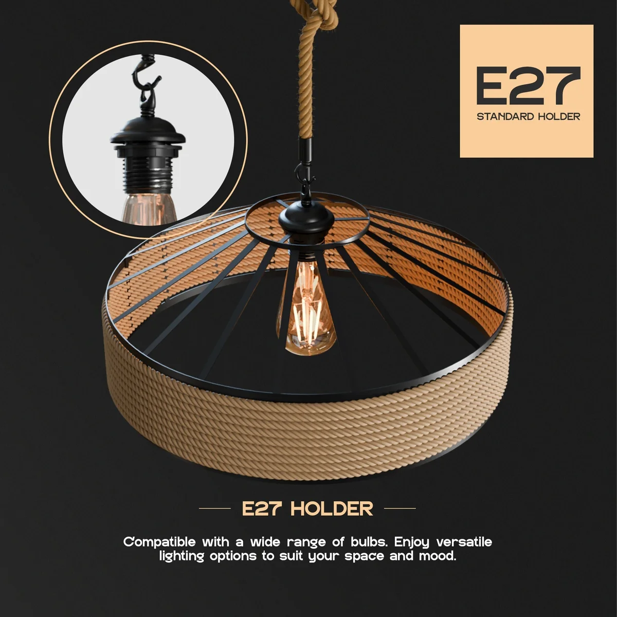 Rustic hemp rope pendant light with metal cage and free bulb, ideal for industrial and retro home decor styles