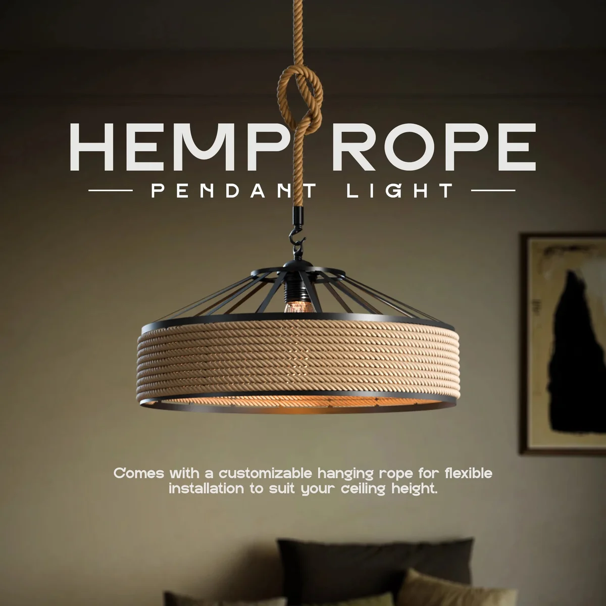 Rustic hemp rope pendant light with black metal cage hanging from ceiling, includes free bulb and 200 cm rope cable