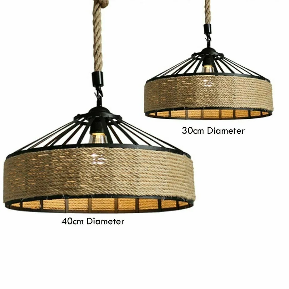 Rustic hemp rope pendant light with black metal cage, 40cm shade, hanging from ceiling with 200cm hemp rope cable