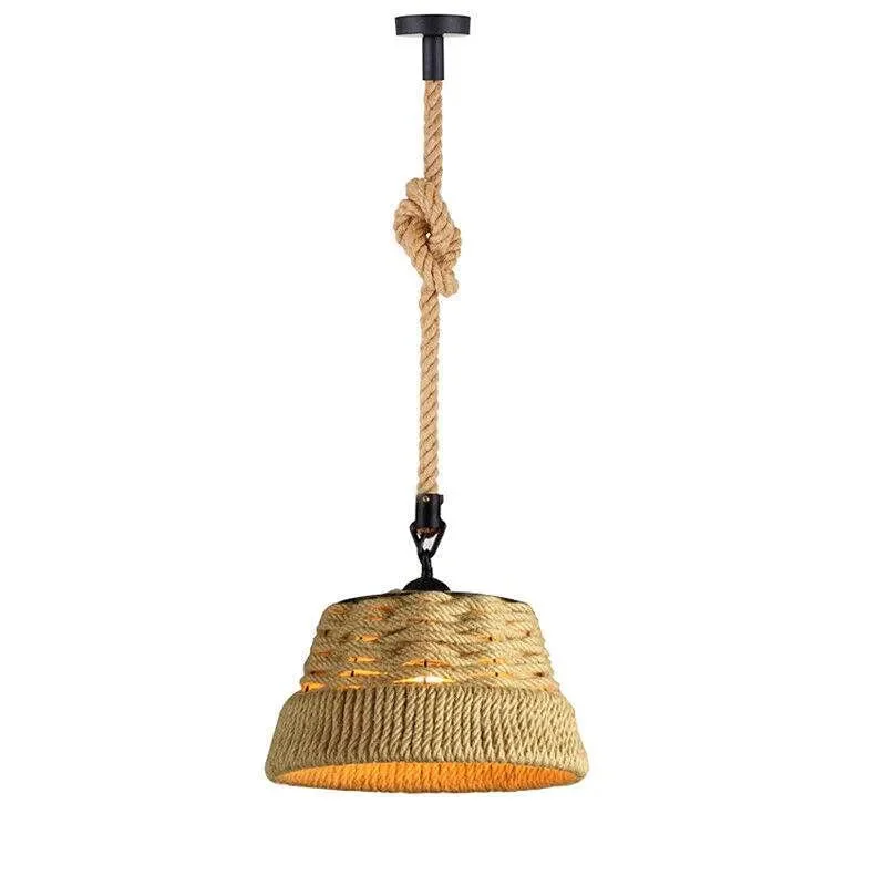Industrial pendant light with metal cage and hand-woven hemp rope, vintage rustic style, E27 socket, 38cm shade diameter