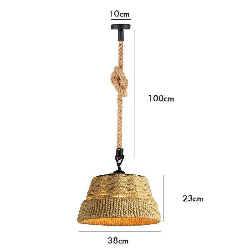 Industrial pendant light with hand-woven hemp rope and black metal cage light shade, hanging from a 200cm cable
