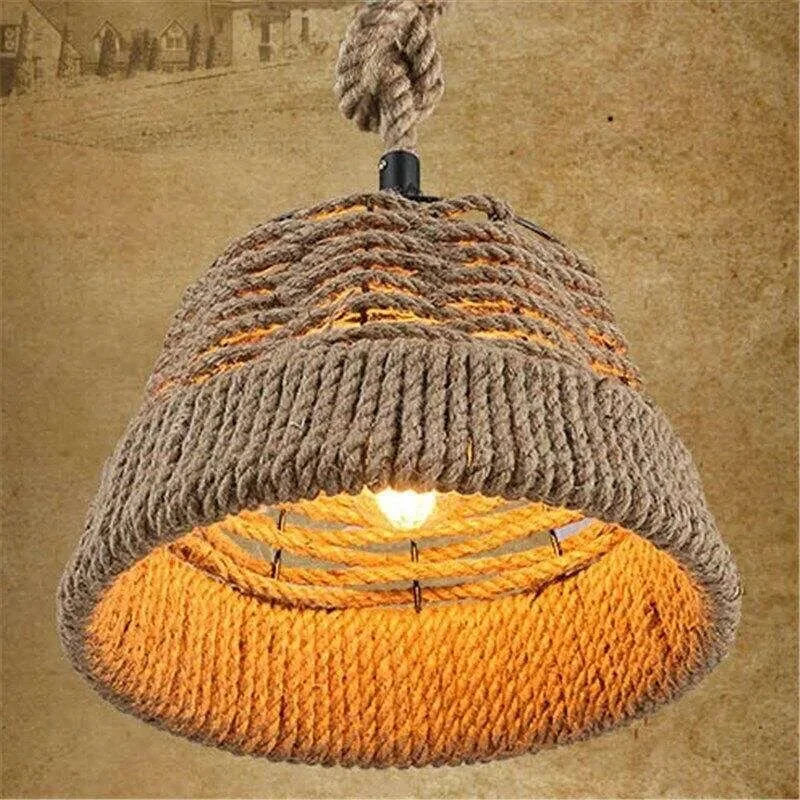 Industrial cage pendant light with hand-woven hemp rope and adjustable hanging light cable in rustic vintage style