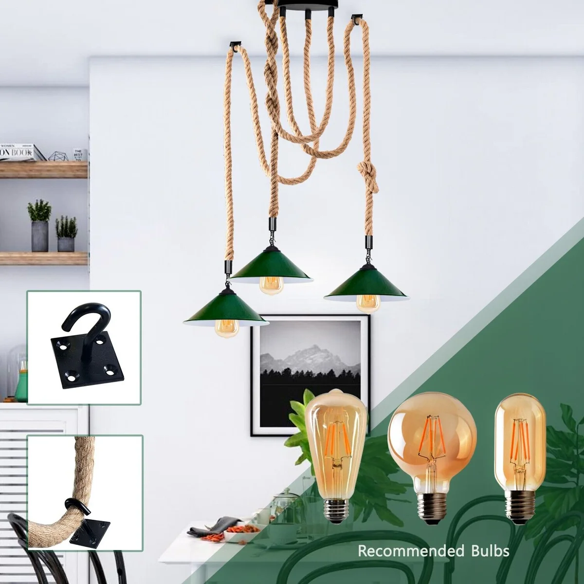 Three-light hemp rope spider chandelier with industrial metal cone lampshades and adjustable hanging cables