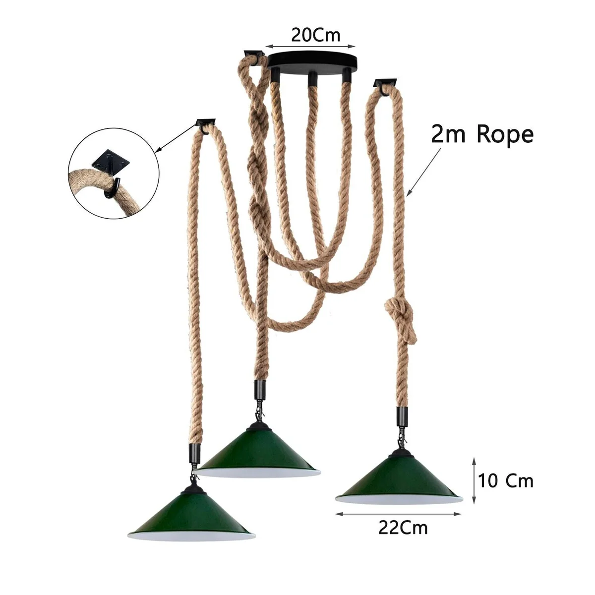 Three-light industrial pendant light with hemp rope cables and metal cone shades hanging from ceiling plate