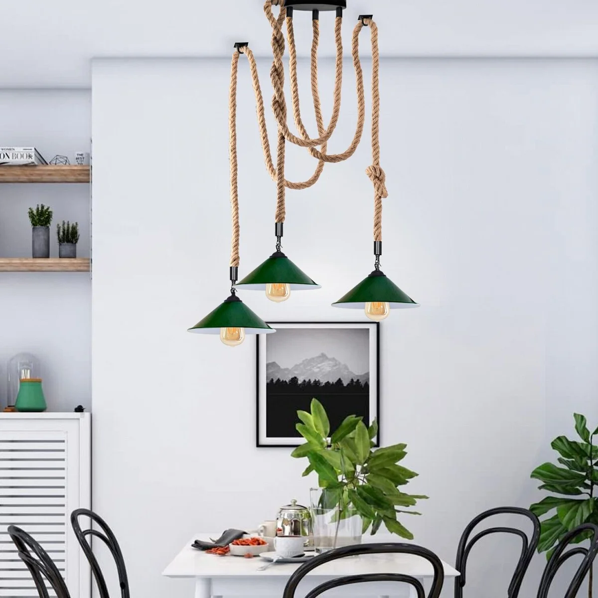 3 light ceiling fixture with industrial metal shades and natural hemp rope cords hanging from ceiling plate