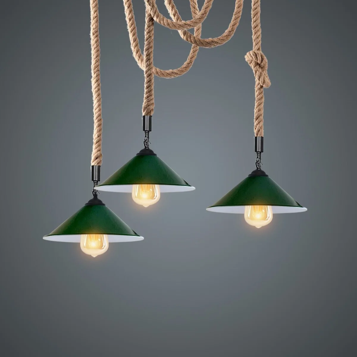 Three-light adjustable length chandelier with hemp rope cables and industrial metal cone lampshades hanging from ceiling plate