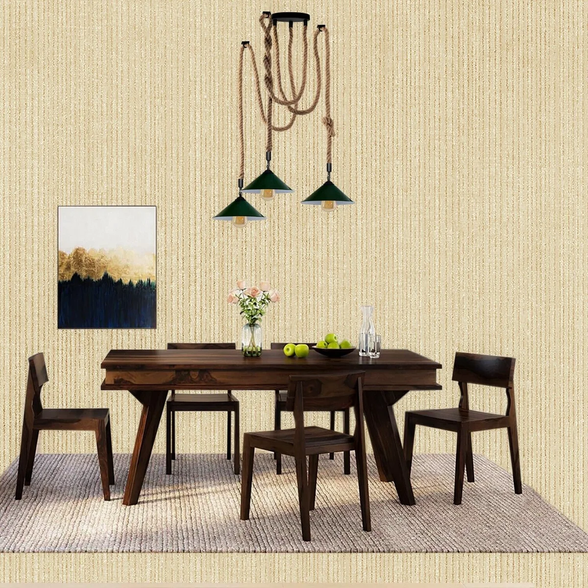Rustic hemp pendant lamp with three metal cone shades and adjustable 2m hemp ropes in industrial spider chandelier style