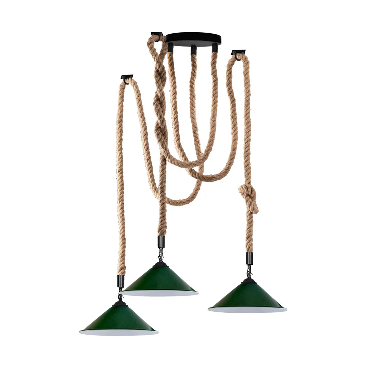 Three industrial metal cone lampshades hanging from natural hemp ropes in a spider layout E27 bulb pendant light