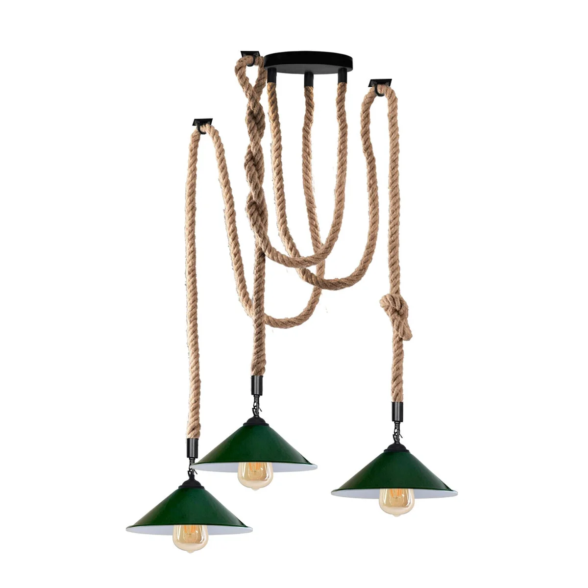 Three-light hemp rope spider chandelier with industrial metal cone shades and natural hemp cables hanging from ceiling plate