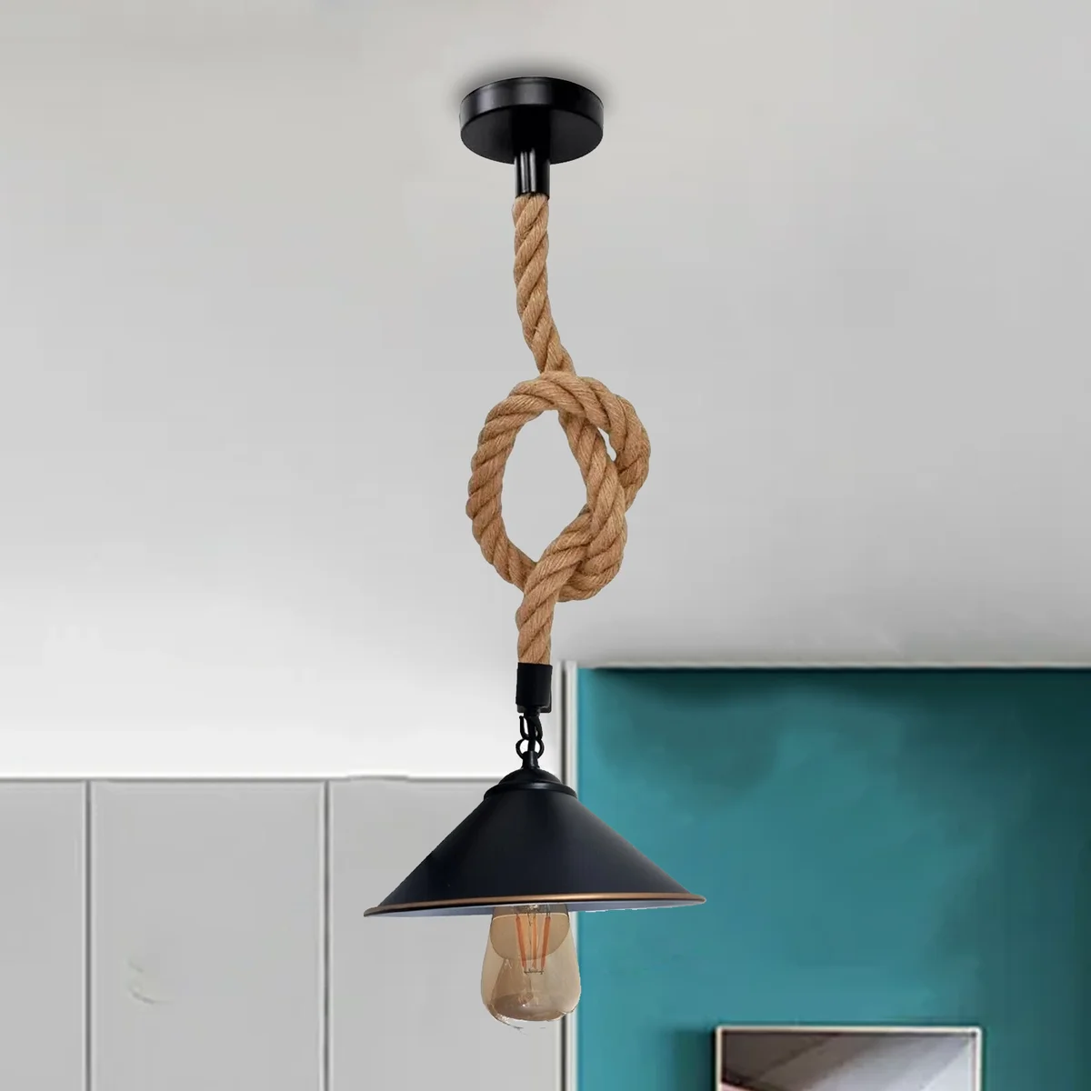 Vintage cone lampshade hemp rope pendant light with black metal base and adjustable 2m suspension wire hanging from ceiling