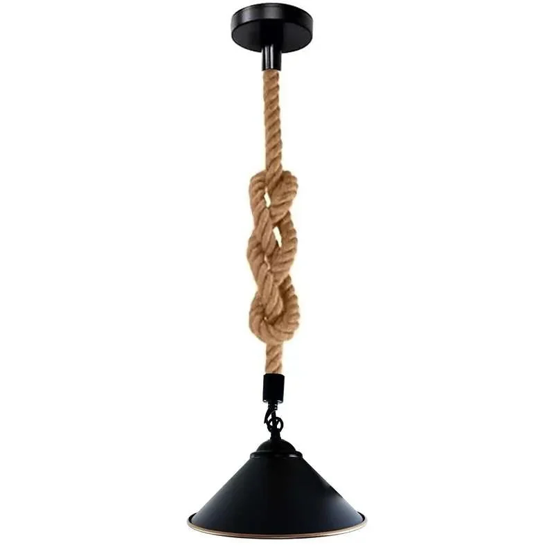 Vintage cone lampshade with hemp rope and black metal frame, adjustable wire pendant light hanging from ceiling
