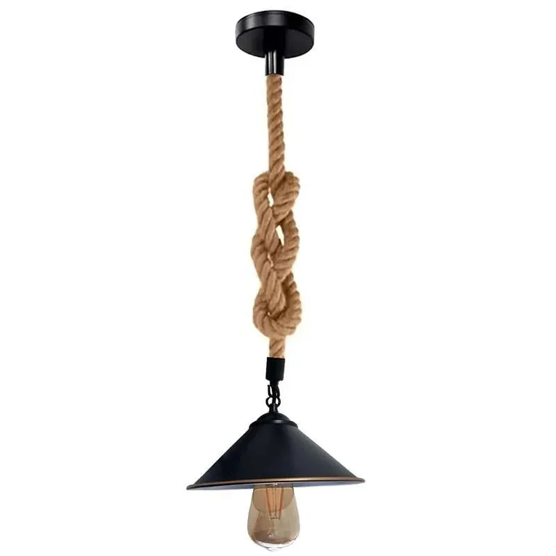Vintage hemp rope pendant lamp with cone shade, black metal, adjustable wire, designed for E27 bulb pendant lamp use