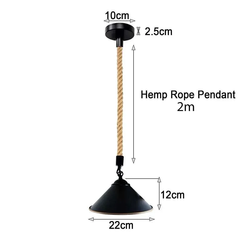 Vintage cone lampshade pendant light with adjustable hemp rope and black metal lighting fixture hanging from ceiling