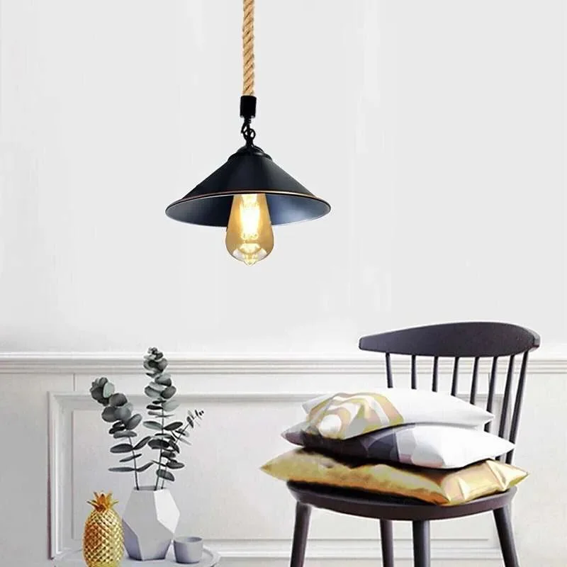 Vintage hemp rope pendant light with black metal cone shade hanging, ideal living room ceiling light with adjustable wire