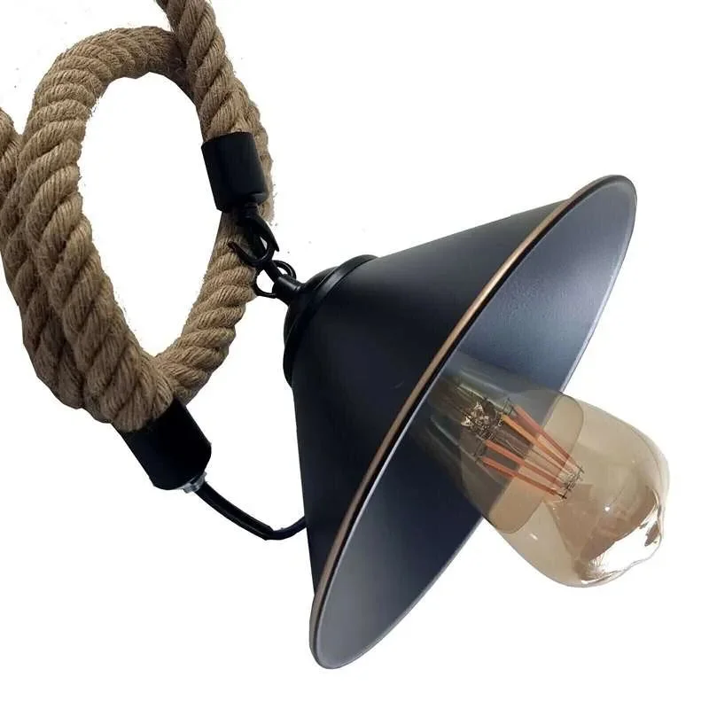 Vintage style hemp rope pendant light with cone lampshade hanging from adjustable black metal fixture
