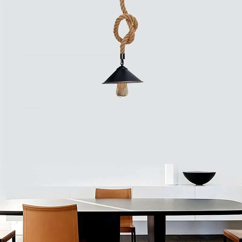 Vintage-style hemp rope pendant light with cone-shaped lampshade, black metal accents, and adjustable suspension wire