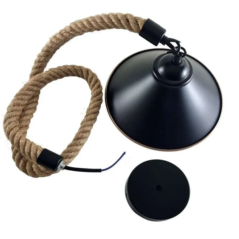 Vintage cone lampshade hemp rope pendant light with black metal base and adjustable 2m suspension wire hanging from ceiling