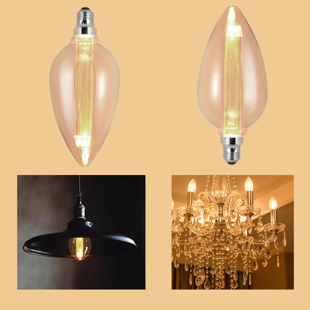 Retro filament bulb with antique amber glass and E27 screw base, glowing warmly in a decorative setting