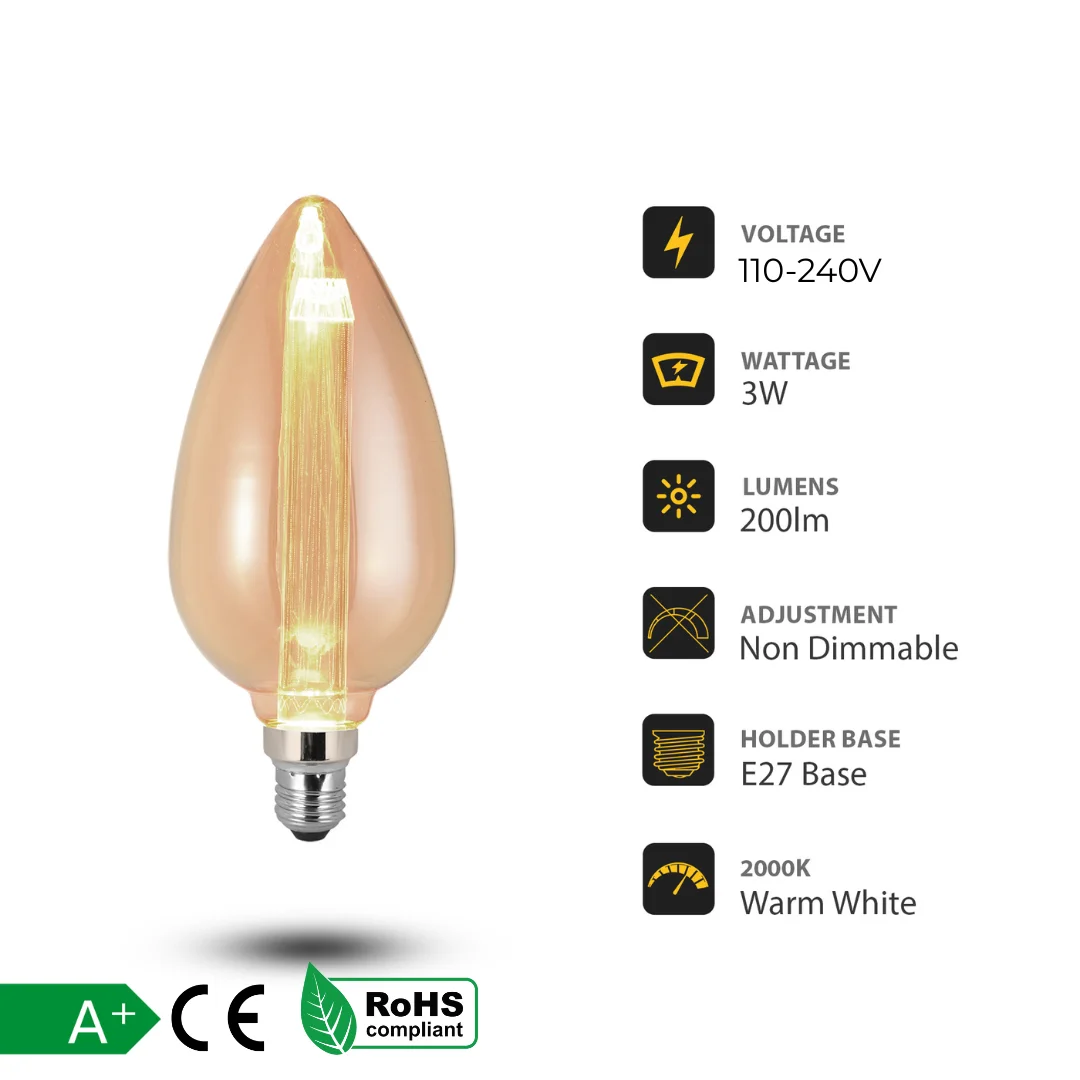 Vintage Edison filament warm white LED bulb with E27 screw base and amber glass, 3W, 200 lumens, decorative light