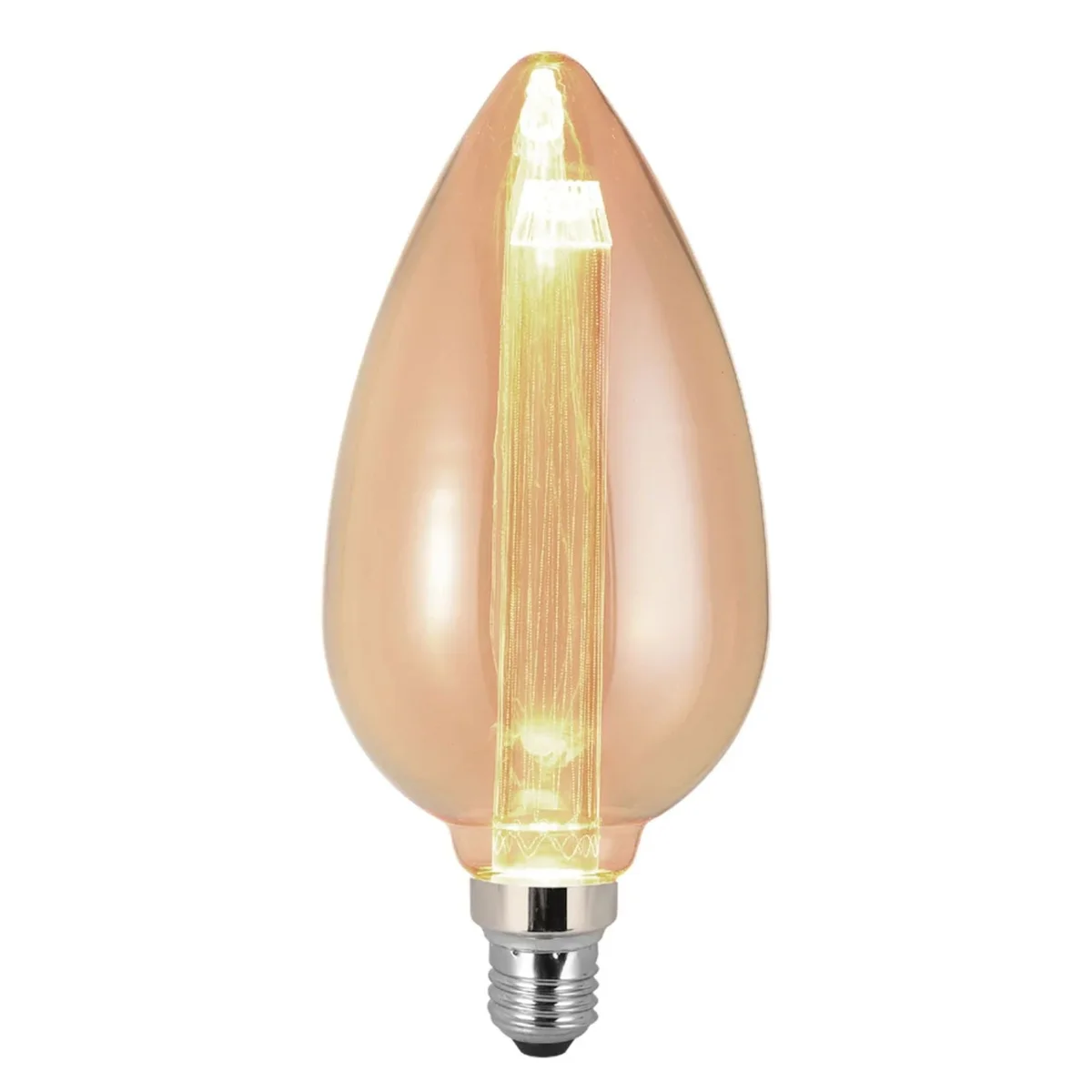 Vintage 3W E27 antique amber glass bulb with visible filament, warm white light, ellipsoidal candle shape, 22.5cm tall