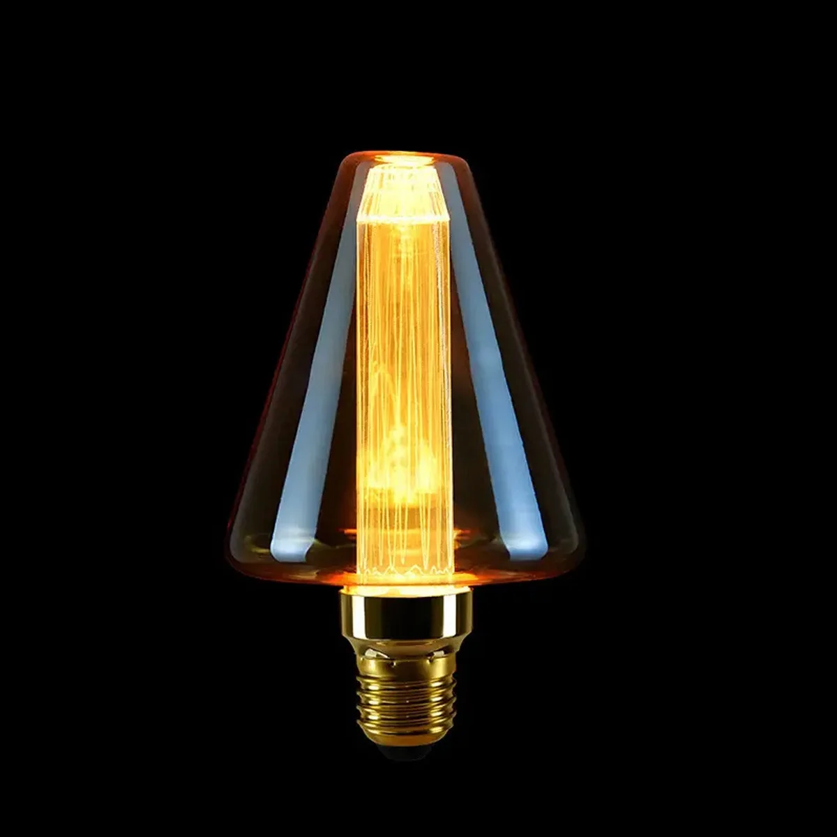 Vintage industrial cone-shaped E27 LED bulb with amber tinted glass and visible vertical filament column