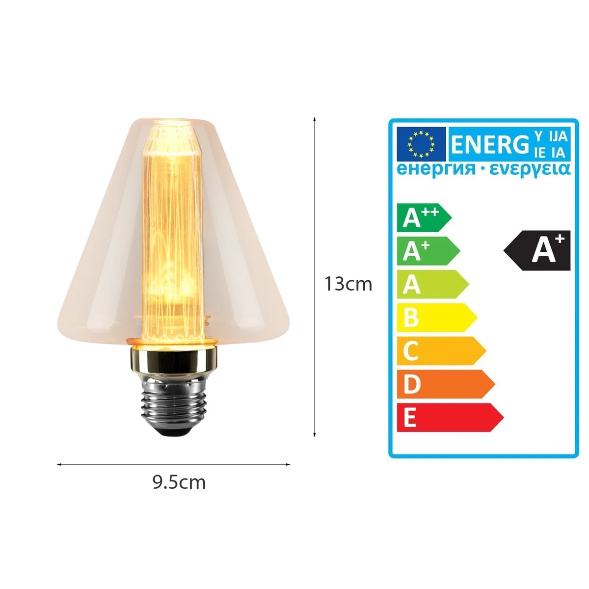 Vintage-style amber glass bulb with cone shape and vertical LED filament, E27 fitting, glowing warmly against dark background