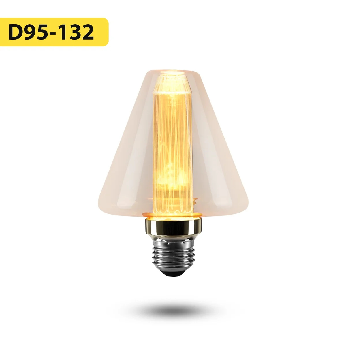 Vintage industrial cone-shaped decorative LED bulb with amber tinted glass and vertical filament on E27 base