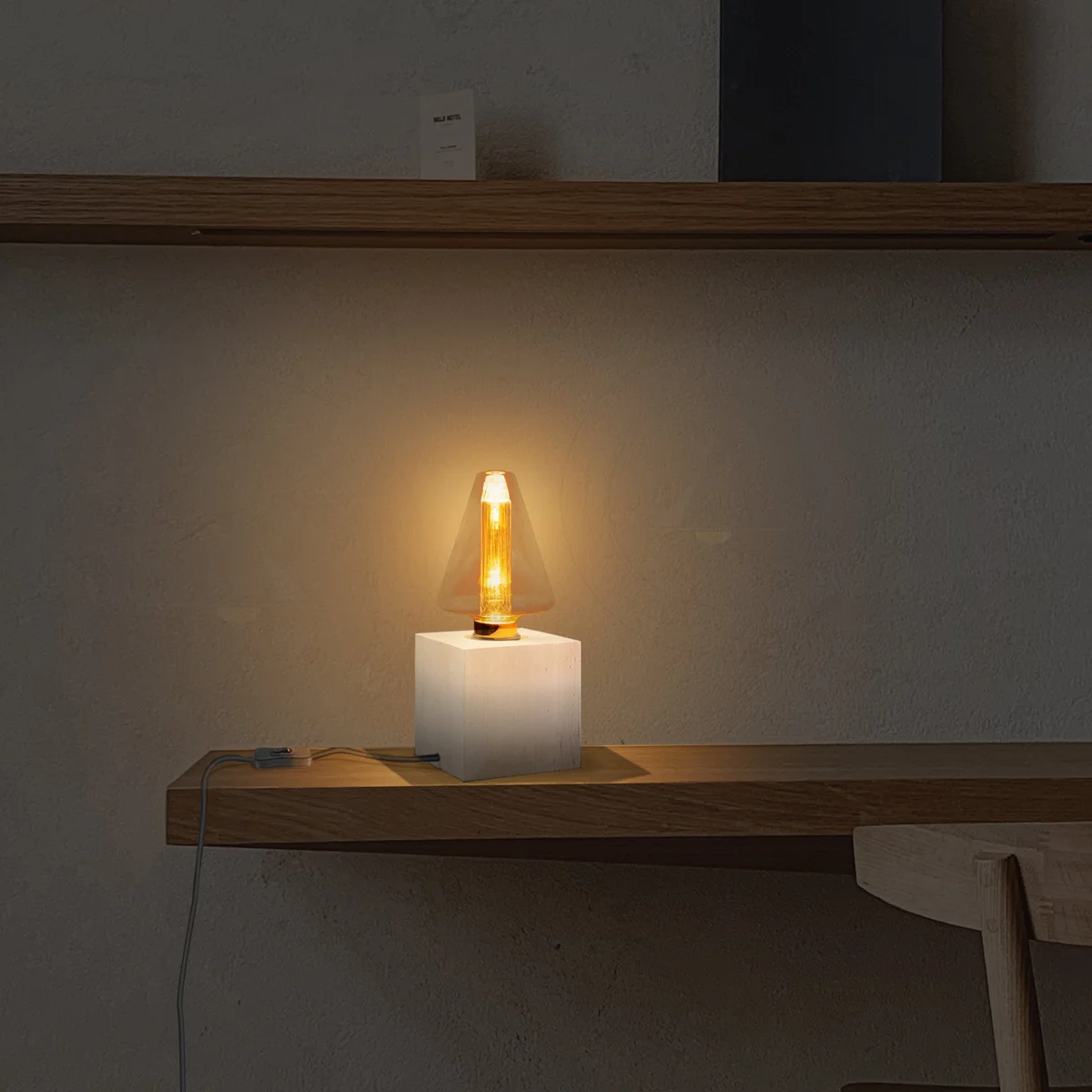Vintage LED filament bulb with amber tinted cone glass and visible vertical filament, E27 screw base, 3W energy-saving design