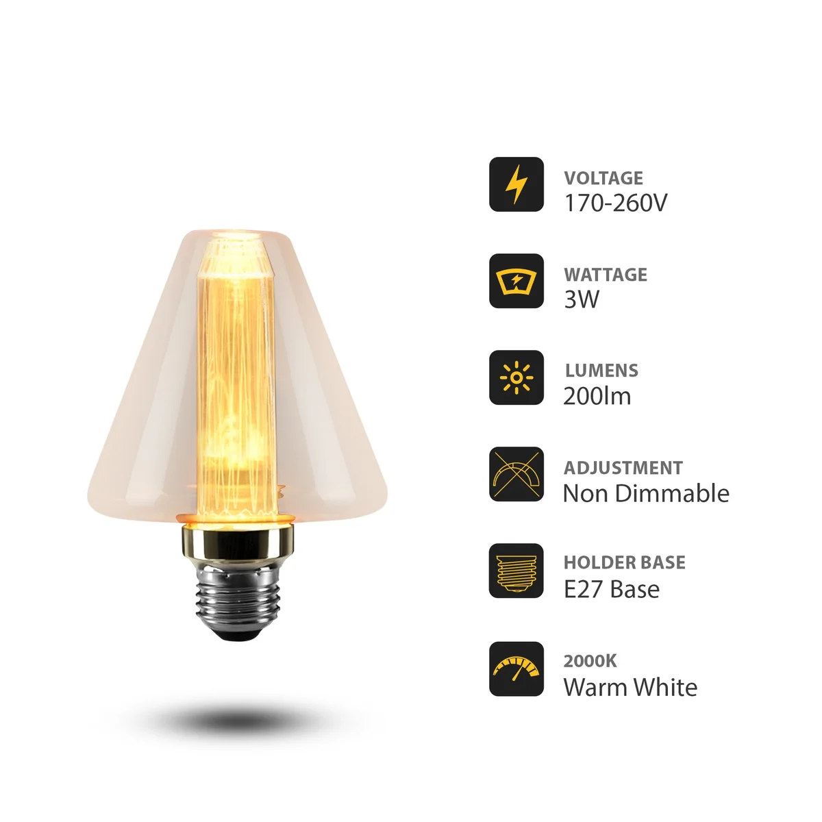 Vintage LED filament bulb with amber tinted cone glass and visible vertical filament, E27 Edison screw base, 3W energy-efficient light