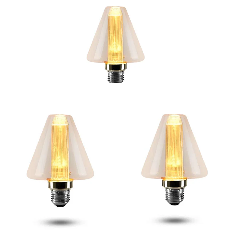 Vintage LED filament bulb with amber tinted cone glass and visible vertical filament, E27 screw base, industrial style lighting