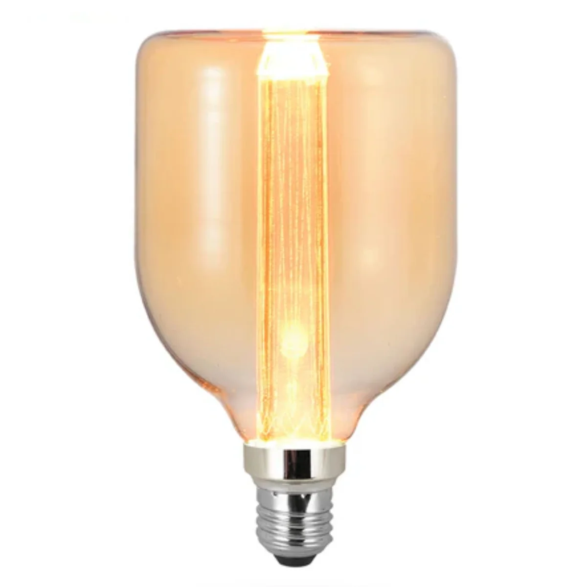 Vintage amber LED filament bulb with exposed filaments and E27 base, glowing warm 2000K light in amber glass