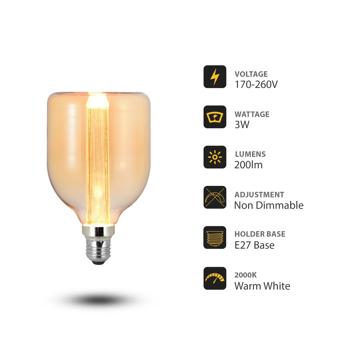 Vintage amber glass warm white LED bulb with exposed filaments and E27 screw base, glowing softly at 2000K warmth