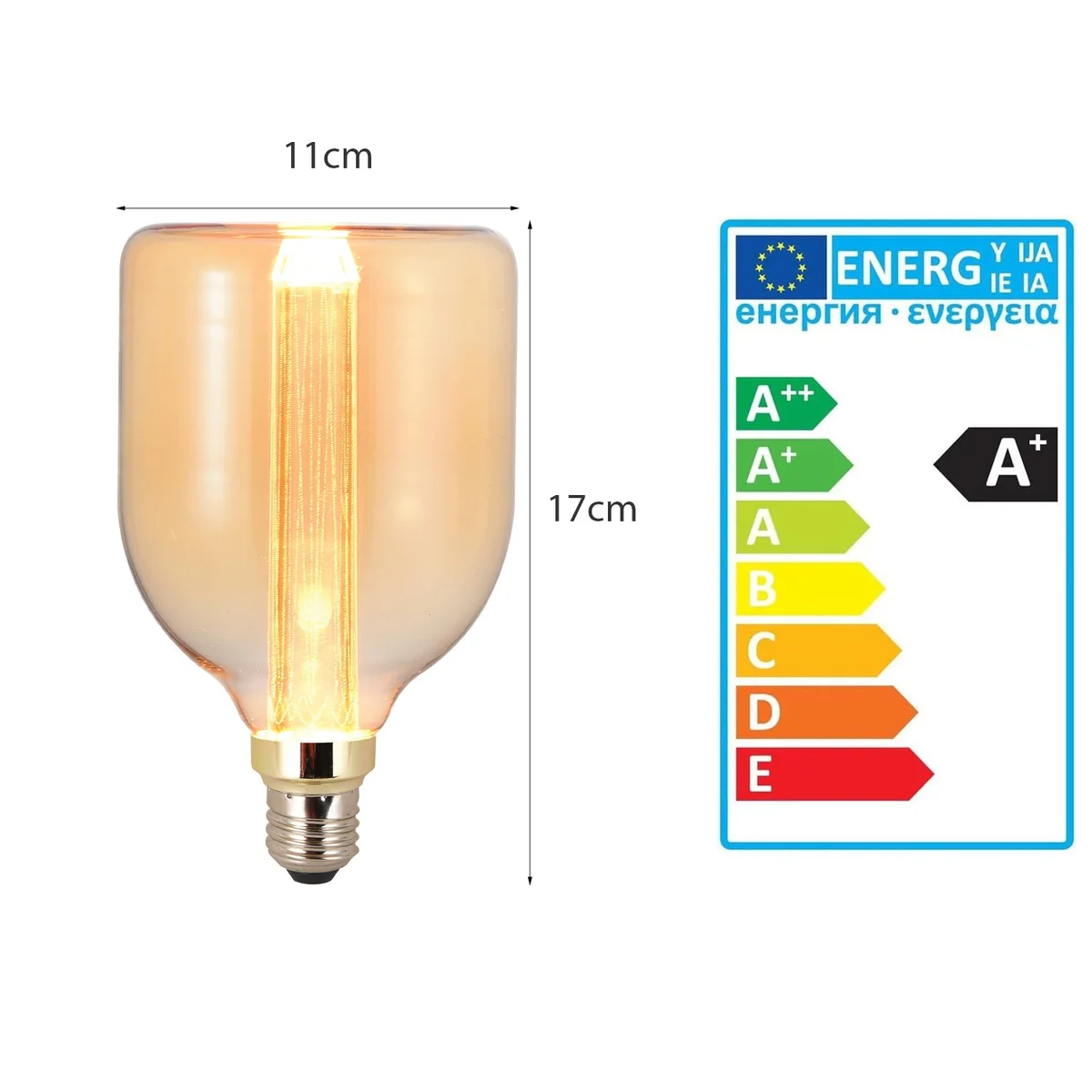 Decorative LED bulb with amber glass and exposed filaments glowing warmly in an E27 Edison screw fitting