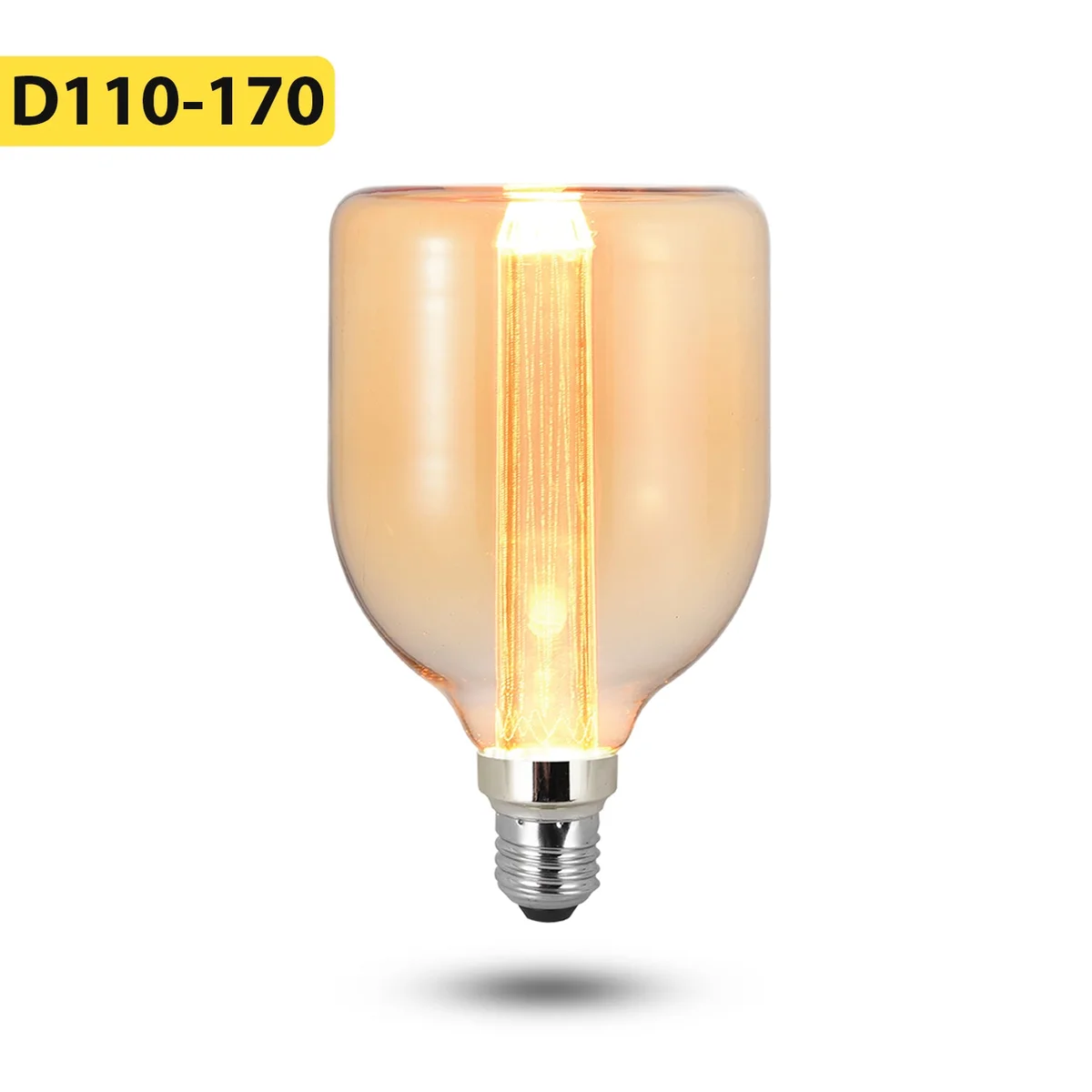 Vintage amber glass energy efficient LED bulb with exposed filaments and E27 screw base against white background