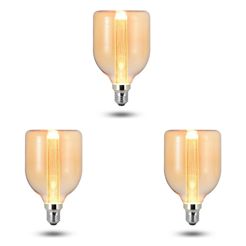 Vintage amber LED filament bulb with glowing filaments in amber glass, E27 base, 3W, 2000K warm light