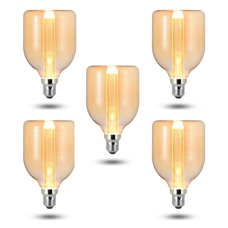 Vintage amber LED filament bulb with exposed filaments and E27 base, glowing warmly in amber-tinted glass housing