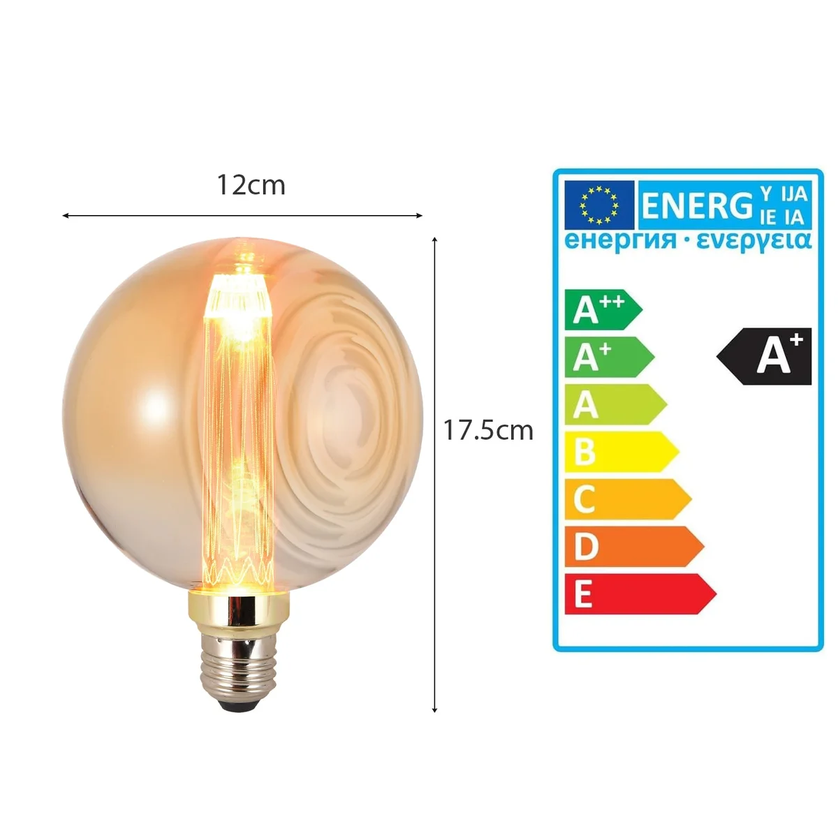 Vintage globe-shaped warm white LED bulb with E27 screw base, 3W power, and 200 lumens brightness on white background