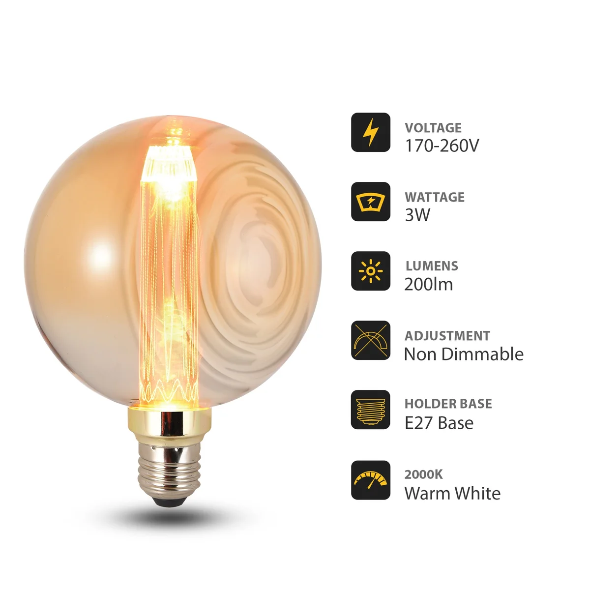 Vintage style LED bulb with globe shape and E27 screw base, emitting warm white light, 3W power, 200 lumens brightness