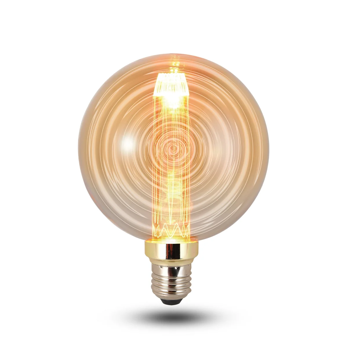 Vintage LED globe bulb with E27 screw base glowing warmly, showcasing its clear glass and filament design