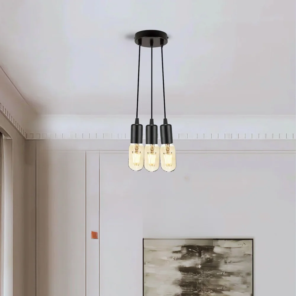 Black vintage pendant light with three adjustable E27 bulb holders and metal ceiling rose, retro industrial style