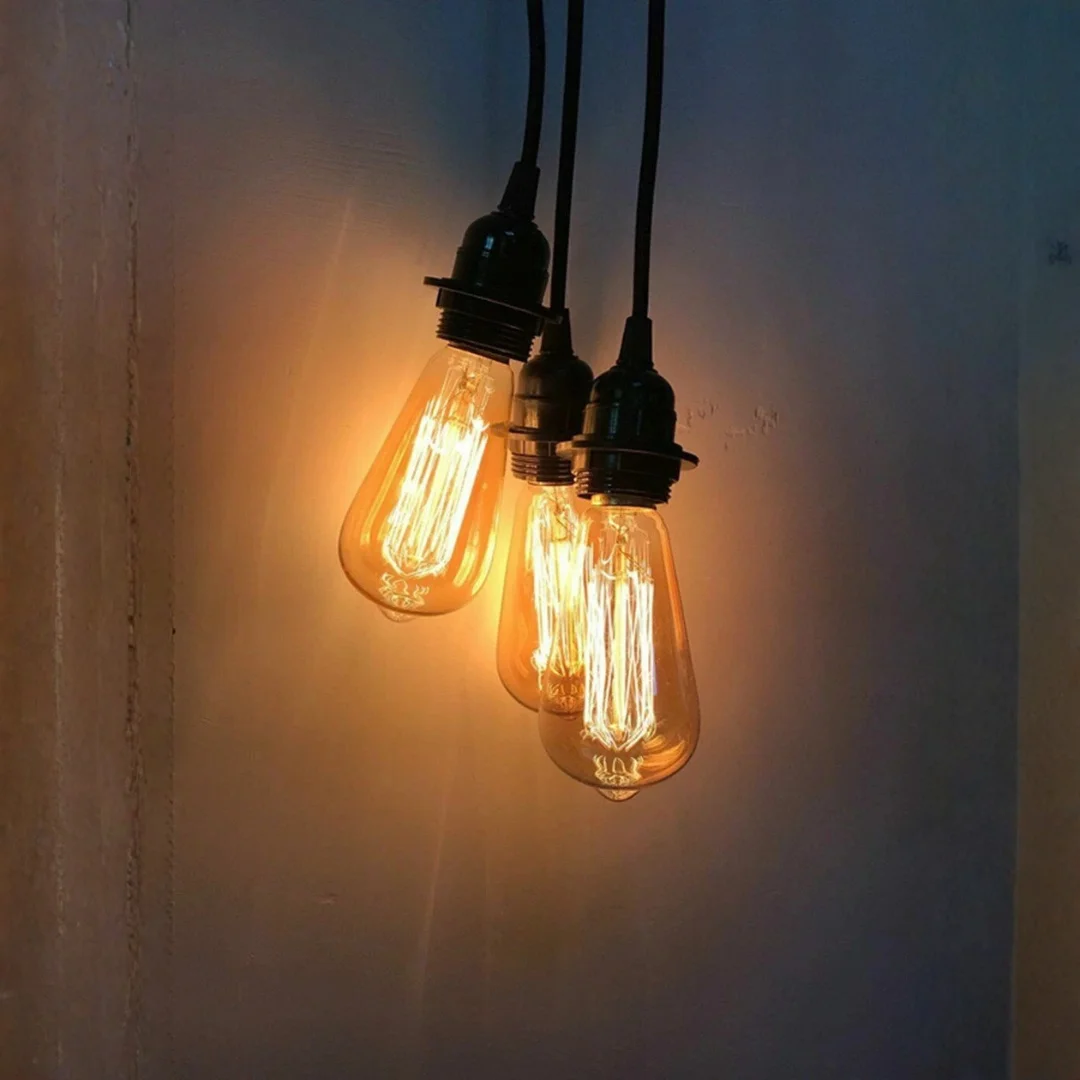 Black vintage industrial ceiling lamp with three adjustable pendant lights and metal round ceiling rose