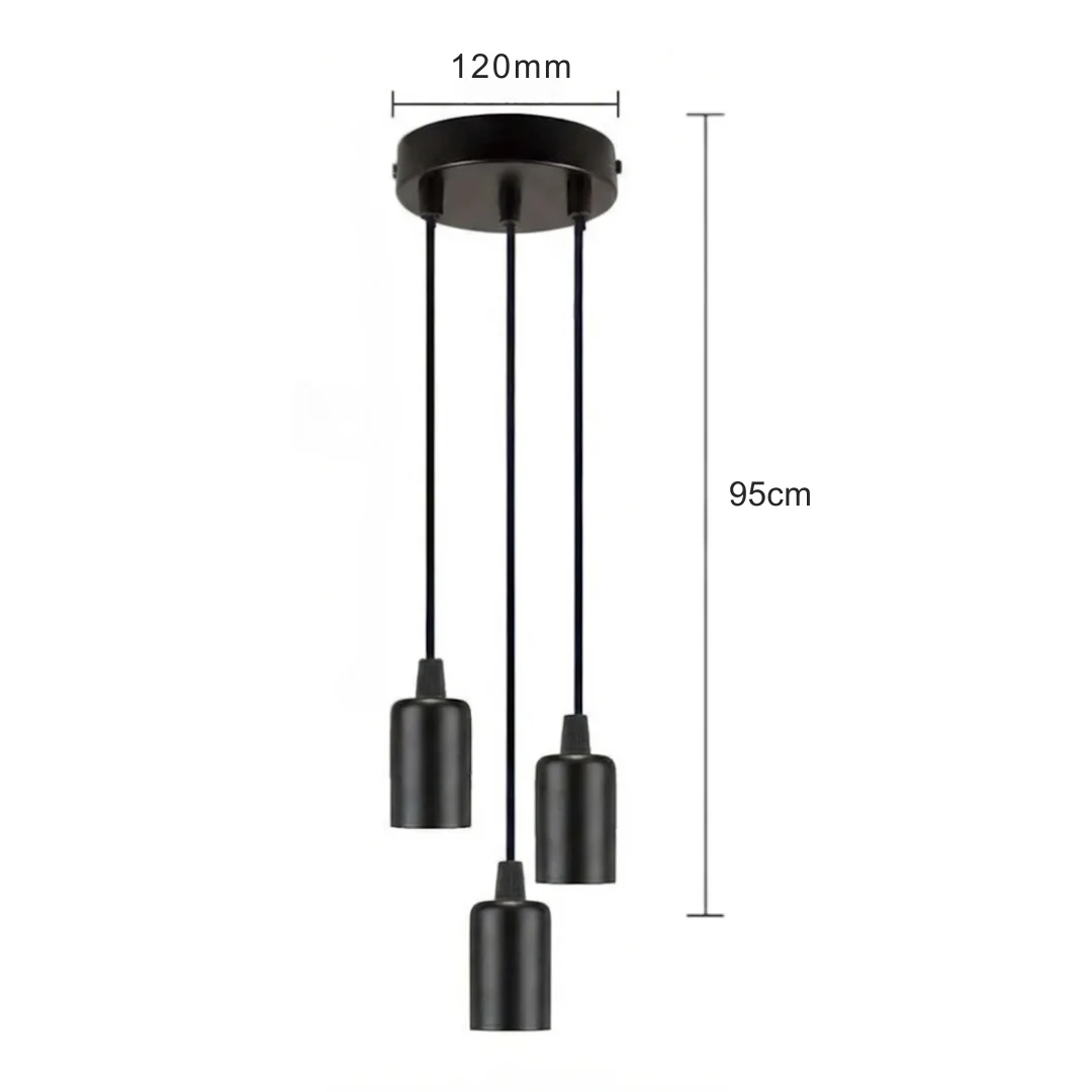 Black vintage industrial 3 way pendant light with three adjustable E27 bulb holders and metal ceiling rose on white background