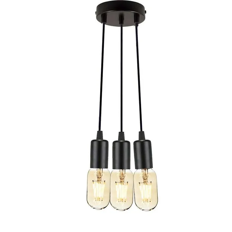 Black vintage pendant light with three adjustable E27 holders and metal ceiling rose against white background