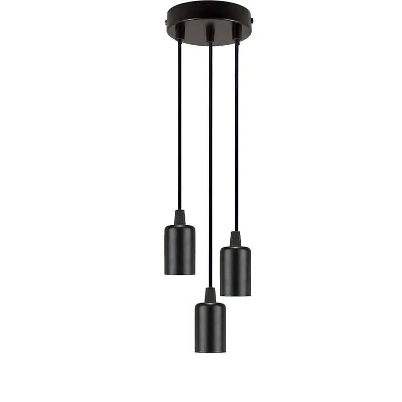 Black vintage pendant light with three adjustable E27 bulb holders and metal ceiling rose on white background