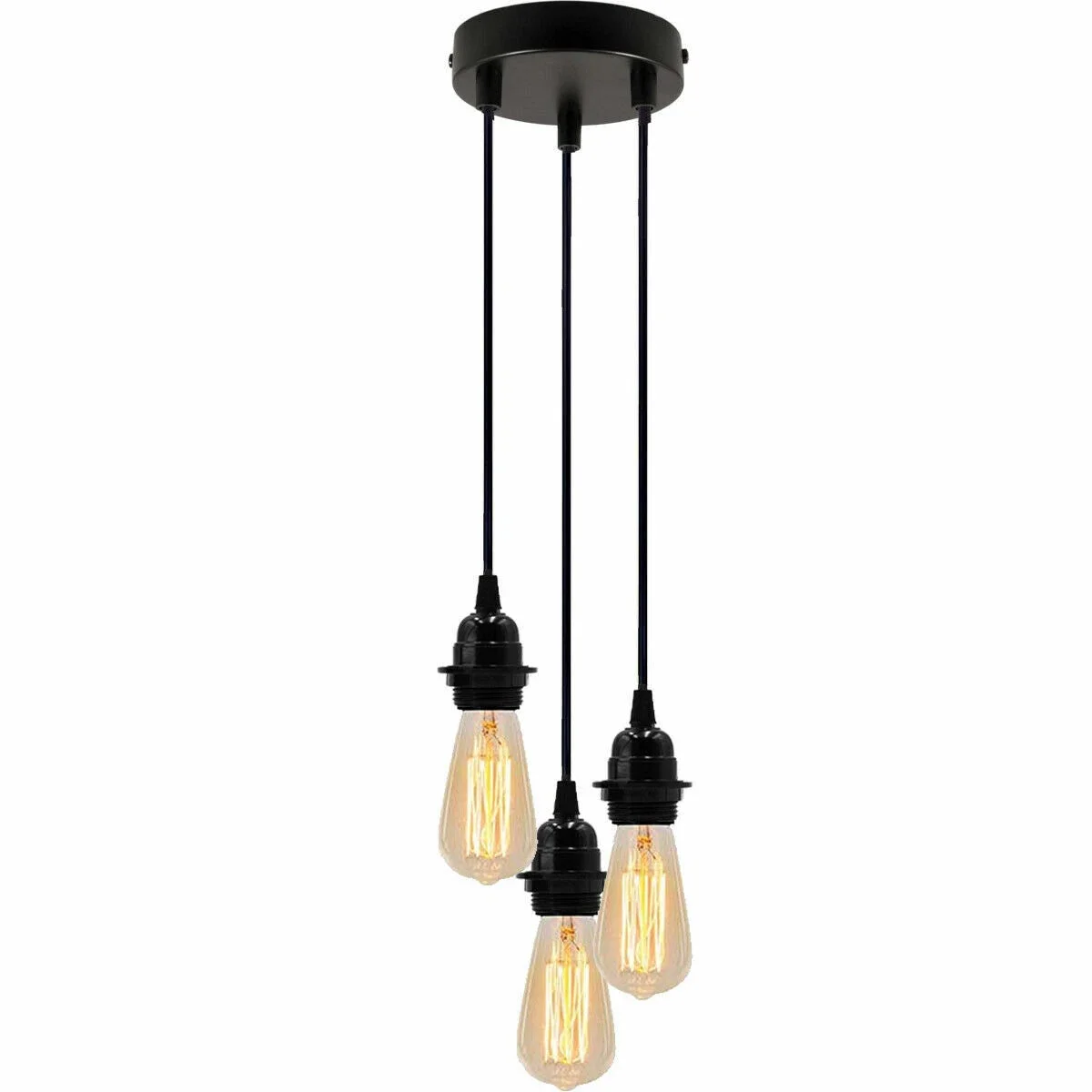 Black vintage pendant light with three adjustable E27 holders and metal ceiling rose hanging from ceiling